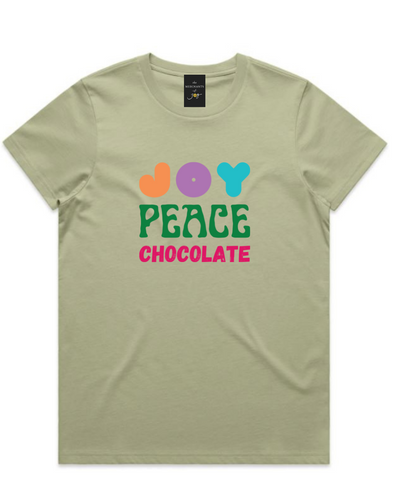 Joy Peace Chocolate Womens Tee - Pistachio Green