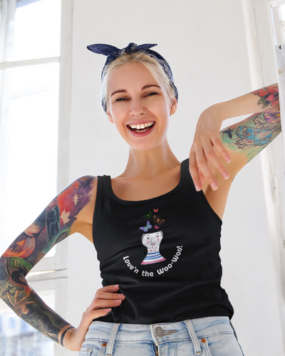 The Merchants of Joy Love'n the Woo Woo Tank Top Singlet White Womens meditation vibration frequency law of attraction buterflies