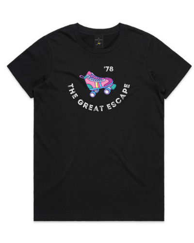 The Merchants of Joy The Great Escape '78 disco roller skates roller skating tee t-shirt womens