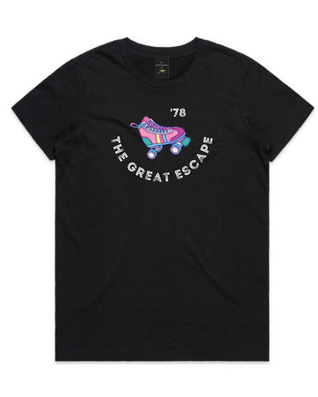The Merchants of Joy The Great Escape '78 disco roller skates roller skating tee t-shirt womens