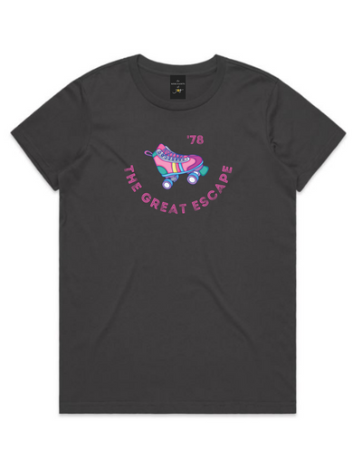 The Merchants of Joy The Great Escape '78 disco roller skates roller skating retro tee t-shirt womens