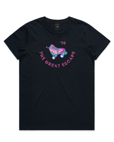 The Merchants of Joy The Great Escape '78 disco retro roller skates roller skating tee t-shirt womens