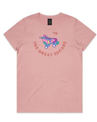 The Merchants of Joy The Great Escape '78 disco retro roller skates roller skating tee t-shirt womens