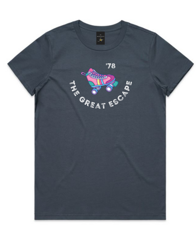 The Merchants of Joy The Great Escape '78 disco retro roller skates roller skating tee t-shirt womens