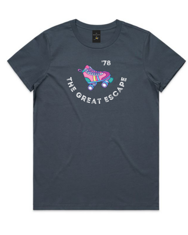 The Merchants of Joy The Great Escape '78 disco retro roller skates roller skating tee t-shirt womens