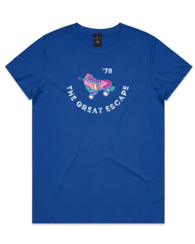 The Merchants of Joy The Great Escape '78 disco retro roller skates roller skating retro tee t-shirt womens