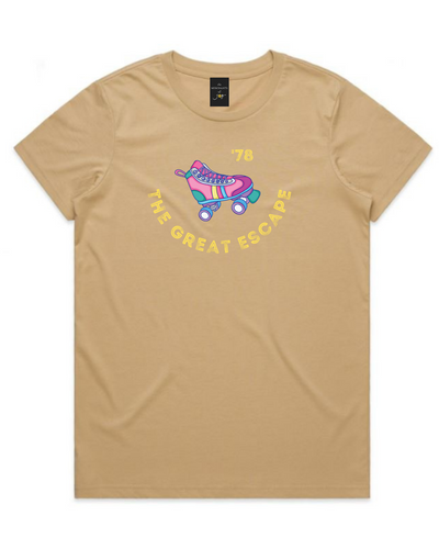 The Merchants of Joy The Great Escape '78 disco retro roller skates roller skating tee t-shirt womens