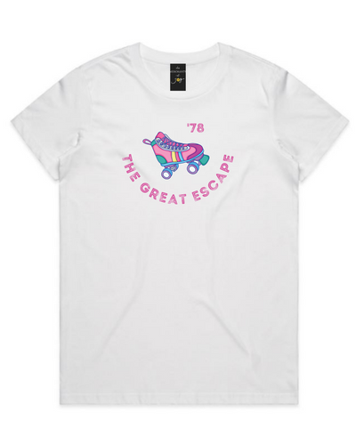 The Merchants of Joy The Great Escape '78 disco retro roller skates roller skating tee t-shirt womens
